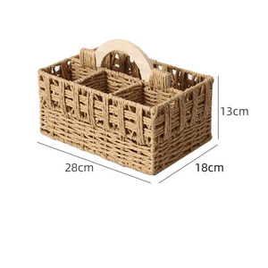 Handwoven <b>Remote</b> Control <b>Holder</b> Compartment Desktop Storage Caddy With Wooden Handle Suitable for Living Room & Office Decor - Product Image 5