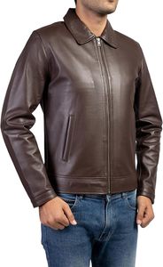 Veste moto en cuir véritable marron pour homme, col rabattu, fermeture éclair, couleur unie, longueur normale, vêtement d'automne - Product Image 5
