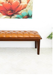 Banc en cuir marron clair et bois de teck fabriqué en Inde pour entrée et chambre, banc d'appoint en cuir marron clair et bois pour couloir, vente en gros - Product Image 4