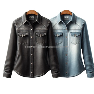 <b>Denim</b> Jeans Shirts for Girls, Washed <b>Denim</b> <b>Fabric</b>, Slim Fit Western Style Long Sleeve Custom Designed Shirts Made in Bangladesh - Product Image 6