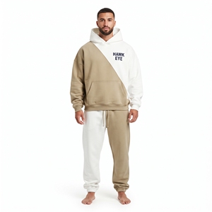 Ensemble de survêtement en molleton de coton pour homme, coupe oversize, deux tons, avec sweat à capuche à épaules tombantes et pantalon de jogging coupe décontractée, color block, deux pièces - Product Image 5