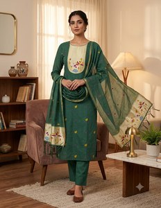 Costumes Kameez Shalwar pour femmes de haute qualité, coupe ajustée, pour les fêtes, en coton Muga, imprimé, design pakistanais - Product Image 4