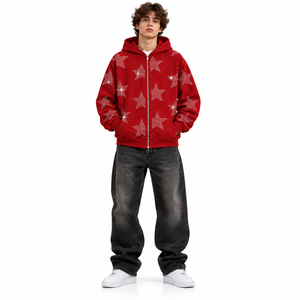 Sweat-shirt à capuche zippé pour homme, rouge, avec étoiles en strass, personnalisé, style streetwear oversize - Product Image 1