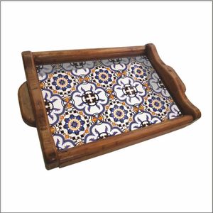 Bandeja de servir de madera de mango hecha a mano con incrustaciones, bandeja decorativa otomana para cocina, plato de madera con asas recortadas, bandejas de madera - Product Image 4