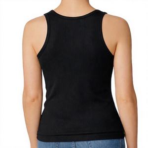 Débardeur côtelé noir pour femme avec logo personnalisé, col rond, bretelles larges, coupe ajustée, sans manches, basique, pour l'été - Product Image 3