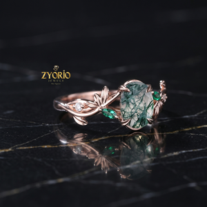 Anillo de Compromiso Ovalado de Ágata Musgosa, Plata de Ley 925, Anillo con Hojas Florales, Anillo de Promesa Inspirado en la Naturaleza, con Detalles de Diamantes - Product Image 3