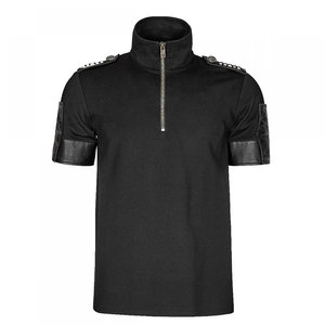 <b>Men's</b> Modern Gothic Shirt Top Selling High Neck Half-Zip Cotton T-Shirt with Faux Leather Trim Outfit - Product Image 1