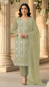 Salwar Kameez Étnico Semisentado hasta la Rodilla para Mujer, en Faux Georgette, con Bordado y Lentejuelas, Ideal para Fiestas, Diwali y Graduaciones - Product Image 3