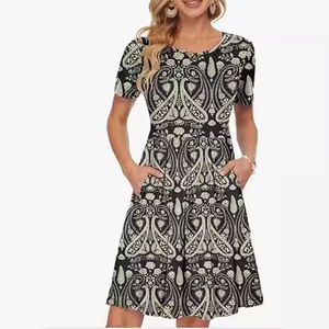 Robe midi décontractée vintage pour femme, printemps-été, à manches courtes, imprimé numérique, taille naturelle, silhouette trapèze, poches décontractées - Product Image 3