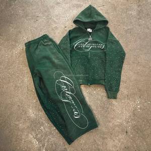 Sudadera con capucha y cremallera de peso pesado personalizada y pantalones deportivos con pedrería y serigrafía personalizada - Product Image 2