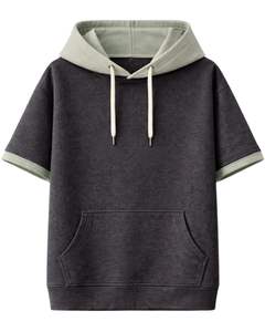 Sweat-shirt léger à manches courtes pour homme, en molleton de coton, couleur anthracite et sauge, avec poche kangourou, style streetwear décontracté, idéal pour l'été - Product Image 1