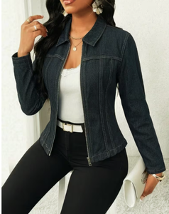 Women's Dark Blue Denim <b>Jacket</b> Long Sleeve Zipper Front Formal Style Distressed Floral Print Rhinestone Decorated Autumn - Product Image 5