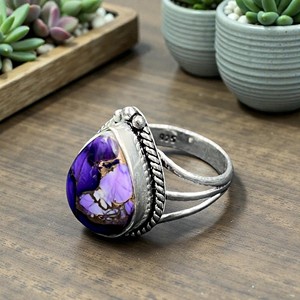 Anillo de Plata de Ley 925 con Dalia Púrpura y Turquesa, Anillo de Gema Azul Púrpura en Forma de Pera Hecho a Mano al por Mayor para Mujer - Product Image 2