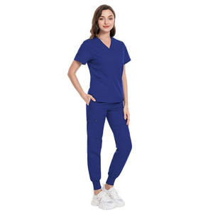 Wholesale Women Blue <b>Scrub</b> <b>Set</b> V-Neck Top And Pants Hospital Uniform Polyester Cotton Woven Fabric Custom <b>Scrub</b> Uniform <b>Set</b> - Product Image 1