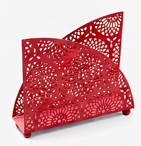 Porte-serviettes en métal rouge avec motif floral découpé, boîte à mouchoirs autoportante pour la décoration de table et l'utilisation en cuisine - Product Image 1