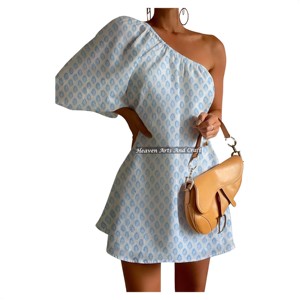Robe d'été décontractée sexy à imprimé coloré et manches bouffantes asymétriques pour femme, imprimé artisanal, très tendance, style décontracté asymétrique - Product Image 5