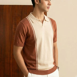 Chemise Homme Vintage en Maille Gaufrée à Col Ouvert, Ourlet Côtelé Personnalisé, Coupe Slim Décontractée, Couleur Unie, 100% Coton Respirant - Product Image 4