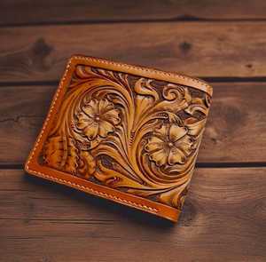 Handmade Genuine Leather <b>Wallet</b> With Floral Embossing Vintage Fold Closure Short Unisex Daily Use - Product Image 3