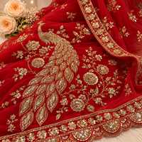 Saree Tradisional India Wanita Premium New Vision Merah Georgette Bordir Motif Merak Desainer Mewah Anti Kusut Semua Ukuran