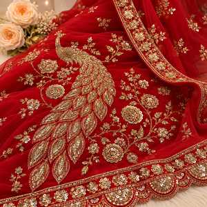 Premium <b>Red</b> Viscose Georgette Embroidered Traditional <b>Saree</b> Peacock Motif Luxury Designer Wrinkle Free Wedding Party Wear - Product Image 3