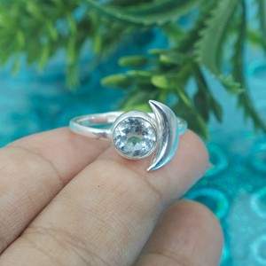 Blue Topaz 925 Sterling Silver <b>Moon</b> <b>Ring</b> Handmade Celestial Design Adjustable Women Gift Minimalist Gemstone Jewelry for Women - Product Image 3