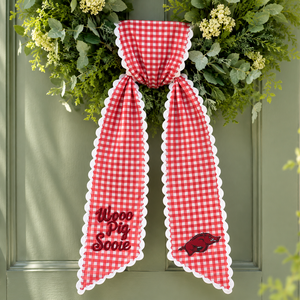 Red White Gingham Plaid Handmade Cotton <b>Ribbon</b> <b>Bow</b> Applique Soote Wild Boar Scalloped Edge Door Wreath Decor - Product Image 1