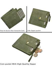 Green Faux Suede Bifold Wallet With Zipper Coin Pocket And <b>Card</b> Slots - Product Image 1
