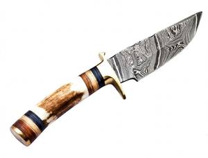 High contrast acid <b>etched</b> damascus steel outdoor heavy Utility <b>Tool</b> Stag Antler and ebony wood Handle Brass Double Guard - Product Image 6