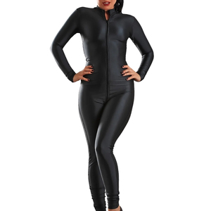 Combinaison noire pour femme en PU enduit, manches longues, col en V, fermeture éclair, taille haute, coupe ajustée, tenue de club, longueur intégrale, couleur unie - Product Image 2
