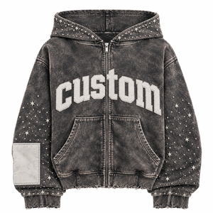Sudadera con capucha y cremallera personalizada para hombre, estilo oversize, de algodón lavado a la piedra, felpa francesa, diseño de estrellas con pedrería, estilo otoñal - Product Image 2
