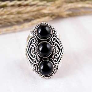 Natural Black Onyx Three Stone Bezel <b>Set</b> 925 Sterling <b>Silver</b> Ornate V-Shape Filigree Design Handmade Bohemian Unisex <b>Ring</b> - Product Image 1