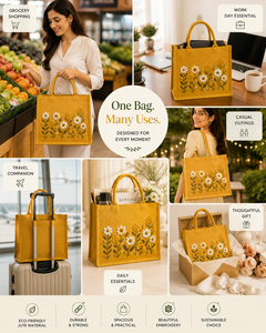 Eco-Friendly Jute Tote Bag with Floral Embroidery Bohemian Style Open Closure Cotton Lining Travel <b>Beach</b> Shopping Bag 33x28x15cm - Product Image 4
