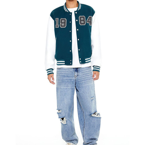 เสื้อแจ็คเก็ตวาร์ซิตี้สีเขียวอมฟ้าขาวสำหรับผู้ชาย แบบ Letterman Bomber ติดกระดุมด้านหน้า แต่งขอบยางยืด สไตล์ลำลอง แฟชั่นสตรีทแวร์ เสื้อคลุมแฟชั่น - Product Image 4