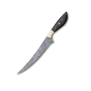 Couteau à filet en acier Damas forgé à la main Ahmad Fabric, avec manche en bois ambidextre, finition mate, lame de 7 pouces, étui en cuir - Product Image 1