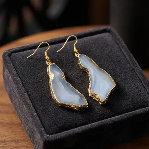 Pendientes Colgantes Bohemios de Piedra Natural Druzy Chapados en Oro, Unisex, para Fiestas, Venta al por Mayor, H.A. Gemas de Alta Calidad - Product Image 1