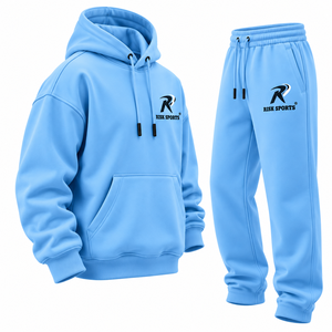 Ensemble de survêtement décontracté pour homme, sweat à capuche et pantalon de jogging en tricot bleu, 350 grammes, personnalisable avec logo, pour équipe - Product Image 4