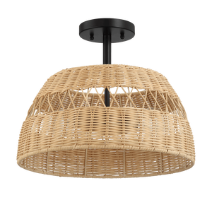 Luci a soffitto in stile fattoria con finitura in metallo nero con luci a doppio filo Semi in Rattan - Product Image 1