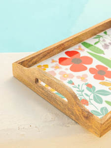 Bandeja de Almacenamiento de Madera Amarilla con Diseño Floral Rosa, Rectangular, Estilo Moderno y Lujoso, Acabado Pulido para Cocina, Baño, Mesa - Product Image 5