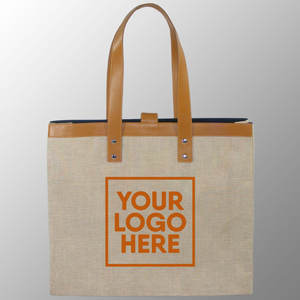 Custom Luxury Juco Jute Cotton Leather <b>Handbags</b> Leather Handles and Trims Zipper Pocket Inside Screen Printed in Your Artwork - Product Image 1