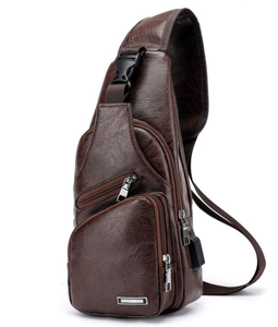 Bolso de Pecho para Hombre de Cuero Genuino, Impermeable, Informal, con Patrón Geométrico, Cierre de Cremallera, 7 Pulgadas, para Uso Diario - Product Image 1