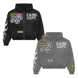 เสื้อฮู้ดซิปเต็มตัวผู้ชาย ผ้าฝ้าย 100% 420 GSM สีเทาฟอกกรด พิมพ์ลาย DTG แบบทำเก่า พิมพ์ลายสกรีน ปักลาย - Product Image 2