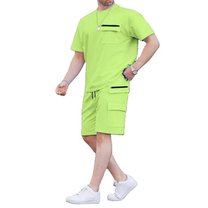 Summer New Men Casual Solid Color Short Sleeved Round Neck T shirt and Shorts <b>Set</b> Multi Pocket Fashionable Commuting 2 <b>Pc</b> <b>Set</b> - Product Image 1