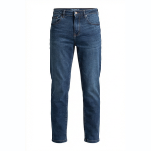 Jean en denim coupe droite délavé foncé pour homme, taille haute, coupe slim, en coton, style décontracté, pantalon d'automne - Product Image 1