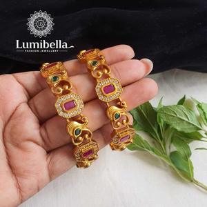 Matte Gold Bangle Set 2-Piece with Freshwater Pearl and Bezel Setting - Product Image 1