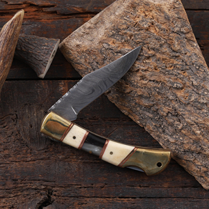 Damascus Steel Bevel Folding Utility <b>Knife</b> Pakka Wood <b>Handle</b> Leather Sheath ODM OEM Pocket EDC Hunting Camping Industrial Grade - Product Image 4