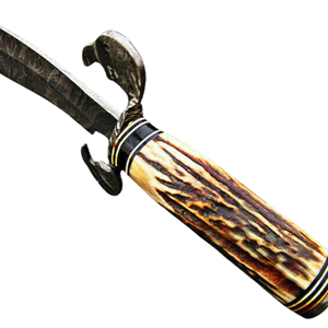 Couteau Bowie artisanal en acier Damas avec manche en corne de cerf brun naturel, lame à motifs, garde-métal et étui en cuir brun - Product Image 3