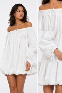 Robe Courte Bohème Blanche en Coton Ample et Unie à Épaules Dénudées pour Femme, Manches Longues, Tendance Été Plage - Product Image 2