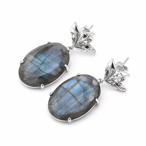 Boucles d'oreilles pendantes ovales en pierre de Labradorite naturelle, en argent sterling 925, faites à la main, bijoux en pierres semi-précieuses pour femme, pour mariage et soirée - Product Image 3