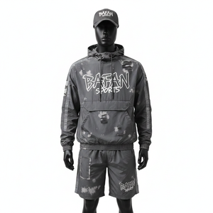 Conjunto corto de chaqueta cortavientos ligera de poliéster para hombre, tejido transpirable, diseño de paneles grises, logotipo personalizado con transferencia térmica, talla grande - Product Image 5