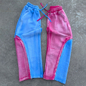 Glory Custom Sun Fade Rhinestone Oversized Wide Leg Color <b>Block</b> Trouser For Streetwear & Casualwear For Unisex OEM Wholesale - Product Image 3